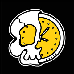 Half of skull with time clock inside tee,t-shirt print. Vector hand drawn line 70s style cartoon character illustration. Trippy half skull, time,clock,death print for t-shirt,poster,card concept