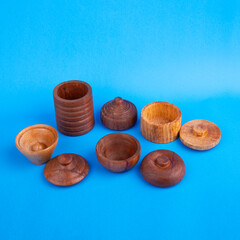 wooden jewelry box with blue background