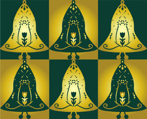 pop-art in scandinavian style, with e christmas bells in green and gold tones. suitable for christmas decoration, postcard, print