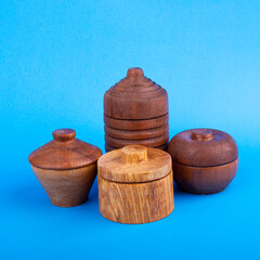 wooden jewelry box with blue background