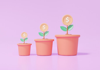 3D Three plant pot small to large with money tree coin dollar on purple background. Business profit investment concept, Finance education. cartoon minimal. 3d render illustration