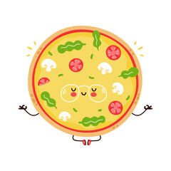 Cute funny pizza in glasses meditate character. Vector hand drawn cartoon kawaii character illustration icon. Isolated on white background. Pizza character concept