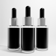 Obraz premium three glass cosmetic droppers with blank label a front label 3d render