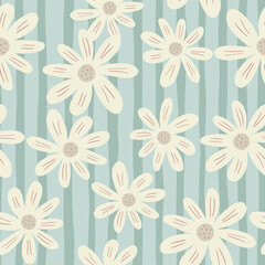 Fototapeta na wymiar Random ditsy flowers seamless pattern on stripe background. Vintage chamomile print.