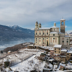 aerial view of the village of Tresivio in Valtellina, Italy, Church of Santa Maria di Loreto