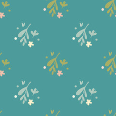 Simple small flowers and leaf seamless pattern on green background