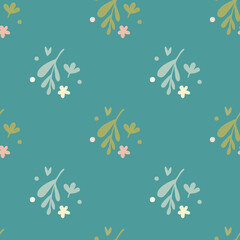 Simple small flowers and leaf seamless pattern on green background