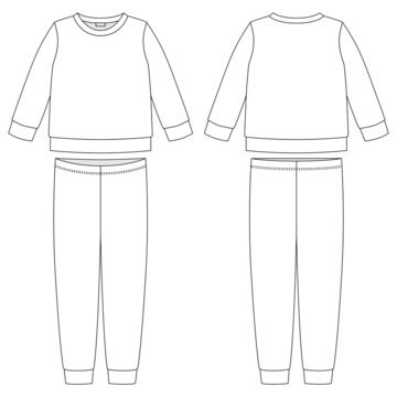 Apparel pajamas technical sketch. Kids outline nighwear design template isolated. CAD illustration