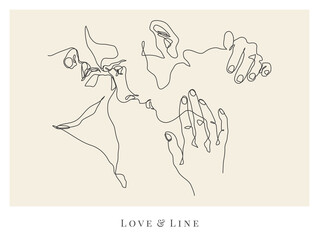 Couple in love. Romantic lovers portrait. Linear sketch logo tattoo