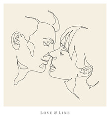 Couple in love. Romantic lovers faces. Linear sketch logo tattoo