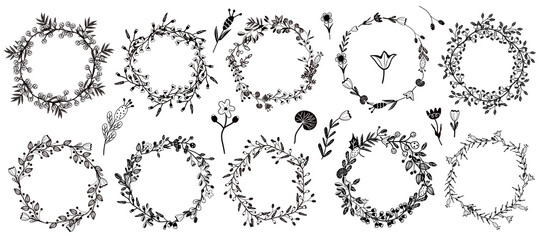 Collection Scandinavian Floral wreaths. Botanical wildflowers. Black and white Wreaths from different branches with flowers, berries. Vector illustration.