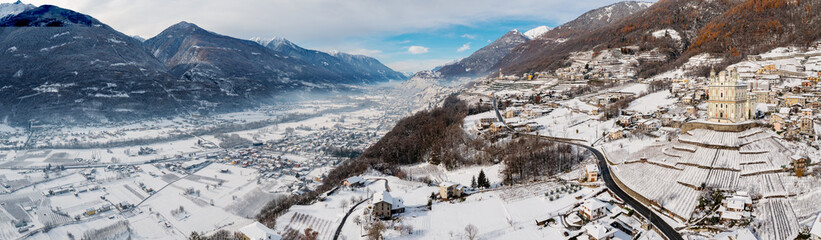 aerial view of the village of Tresivio in Valtellina, Italy, Church of Santa Maria di Loreto