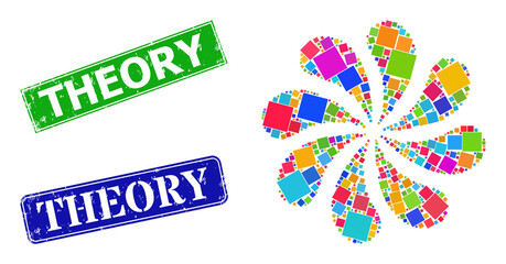 Filled square icon colored curl burst petals salute shape, and scratched Theory stamp seal. Blue Theory and green Theory rectangle grunge seal stamps.