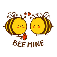 Obraz premium Cute funny bee present flower character. Bee mine quote. Vector hand drawn cartoon kawaii character illustration icon. Cute kawaii romantic,love,couple card,poster concept