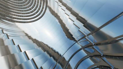 Futuristic architecture background metallic stripes of building facade 3d render
