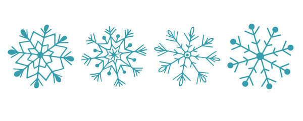 Snowlakes in doodle style. Christmas and New Year items. Holiday decoration elements for design, greeting card, posters, postcard. Trendy elements Isolated on white background