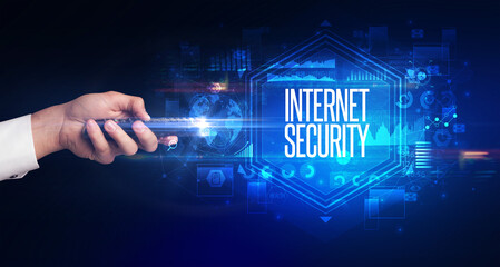 hand holding wireless peripheral, cyber security concept