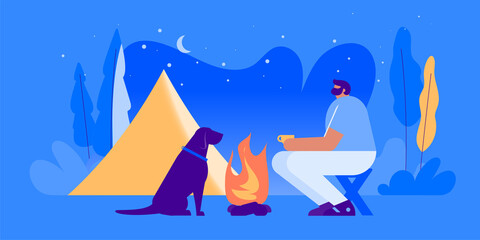 Outdoor activity concept - man, dog, campfire, tent, night, coffee. Vector illustration.