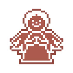 Naklejka premium Pixel art gingerbread cookie praying angel boy decorated with white sugar icing, 8 bit food icon isolated on white background. Spicy frosted biscuit. Christmas dessert ornament. Winter holiday pastry.