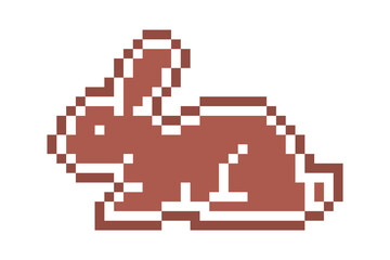 Obraz premium Pixel art gingerbread cookie rabbit decorated with white sugar icing, 8 bit food icon isolated on white background. Sweet spicy frosted biscuit. Christmas dessert ornament. Winter holiday pastry.
