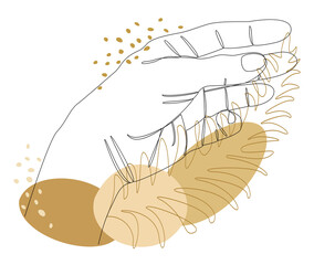 Silhouettes of male hands and leaves of plants in a modern one line style. Continuous line drawing, aesthetic outline for home decor, posters, wall art, stickers, logo. Vector illustration.