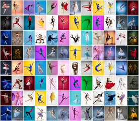 Photo set of female and male ballet dancers in stage costumes dancing isolated on multicolored background in neon light.