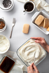 Tiramisu cake step by step recipe. Ingredients for cooking tiramisu dessert, grey background, vertical image.