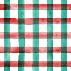 Watercolor stripe plaid seamless pattern. Red green stripes on white background