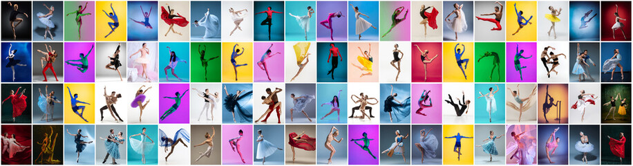 Photo set made of portraits of female and male ballet dancers in stage costumes dancing isolated on multicolored background in neon light.