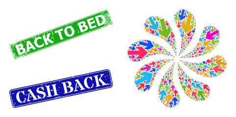 Left arrow direction icon vibrant centrifugal motion flower fireworks composition, and grunge Back to Bed stamp seal. Blue Cash Back and green Back to Bed rectangle grunge seal stamps.