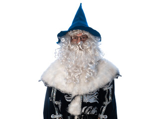 portrait of a wizard in a blue cloak