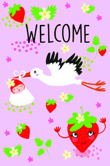 Baby announcement card. baby shower. stork with baby twins,  fruity strawberry, vector illustration