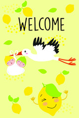 Baby announcement card. baby shower. stork with baby twins,  sweet lemon, vector illustration