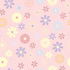 Trendy seamless pattern with cartoon flowers. Hippie and retro aesthetic. Colorful vector background in pastel tones. 60s, 70s, vintage style