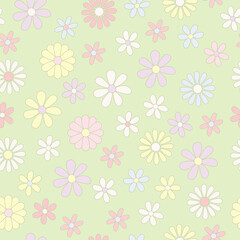 Trendy seamless pattern with cartoon flowers. Hippie and retro aesthetic. Colorful vector background in pastel tones. 60s, 70s, vintage style