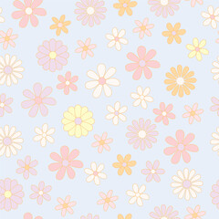 Trendy seamless pattern with cartoon flowers. Hippie and retro aesthetic. Colorful vector background in pastel tones. 60s, 70s, vintage style