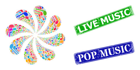 Musical note icon multi colored swirl burst flower salute composition, and grunge Live Music seal. Blue Pop Music and green Live Music rectangle grunge seal stamps.
