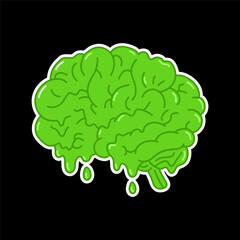 Funny acid green melting human brain organ.Vector hand drawn doodle line style cartoon character logo illustration. Human brain organ,anatomy,green melt acid,poison logo concept