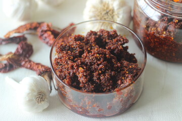 Garlic Chutney. A condiment made of garlic and red chilies. Goes well with Indian flatbread or...