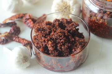 Garlic Chutney. A condiment made of garlic and red chilies. Goes well with Indian flatbread or parathas.