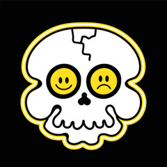 Skull with sad and happy smile emoji eyes. Vector hand drawn doodle 70s style cartoon character illustration. Trippy smile face, skull concept