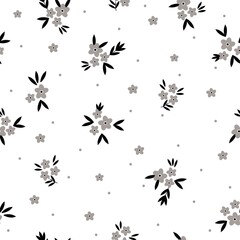 Vintage pattern. Small gray flowers and dots, black leaves. white background. Seamless vector template for design and fashion prints.