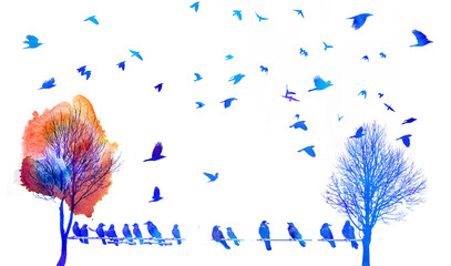 silhouettes of flying birds and trees - watercolors picture