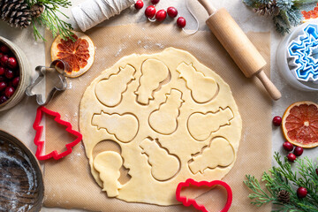 Cooking Christmas cookies. Snowman cookie cutter on dough. Step by step recipe.