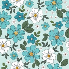 Vintage pattern. Wonderful white and turquoise flowers, green leaves. light blue background. Seamless vector template for design and fashion prints.