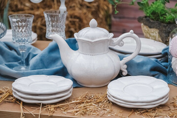Banquet dessert table decorated with plates, cutlery, glasses, ceramic teapot and flower arrangements. Copy, empty space for text