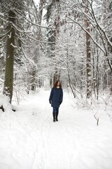 Young attractive woman with long hair, blue eyes, dressed in blue coat walking in beautiful winter forest among trees in snow