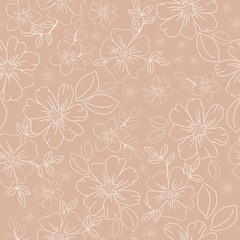 Vintage pattern. White outline of flowers and leaves. beige background. Seamless vector template for design and fashion prints.