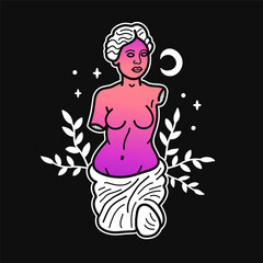 Ancient Greek Venus gradient statue t-shirt print. Vector hand drawn doodle line cartoon character illustration. Venera, Venus Greek, smile Greece statue print for t-shirt, poster, card concept