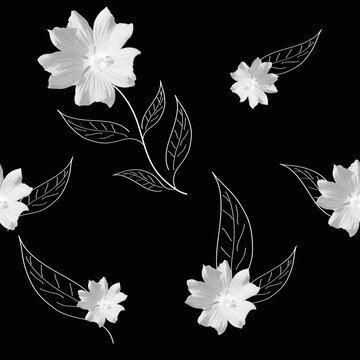 nahtloses Muster mit Blumen in schwarz-weiß. Mix aus Strichzeichnung und realistischer Zeichnung. Vektor